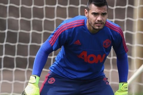 MANCHESTER, ENGLAND - AUGUST 05:  (EXCLUSIVE COVERAGE) Sergio Romero of Manchester United in action during a first team training session at Aon Training Complex on August 5, 2015 in Manchester, England.  (Photo by John Peters/Man Utd via Getty Images)