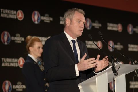 Guy-Laurent Epstein, Marketing Director, UEFA events speaks during a JOINT press conference with Turkish Airlines' chairman unveiling a partnership between UEFA and Turkish airlines during the upcoming Euro 2016 football event in France, on December 10, 2015 in Paris. Turkish Airlines and UEFA officialised on December 10 a worldwide sponsoring contract for the Euro 2016, during which the company's airliners will bear the Euro livery, special offers will ba available for supporters and national teams travelling to France for the competition. The Euro 2016 runs through June 10 - July 10, 2016.  AFP PHOTO / ADRIEN MORLENT / AFP / ADRIEN MORLENT        (Photo credit should read ADRIEN MORLENT/AFP/Getty Images)