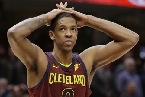 FILE - In this Nov. 5, 2017, file photo, Cleveland Cavaliers' Channing Frye reacts during the team's NBA basketball game against the Atlanta Hawks in Cleveland. Frye says he plans to retire at the end of this season. The 35-year-old made the announcement Friday, March 1, 2019, on Twitter, saying its been a amazing ride. Ive had the chance to have some amazing teammates and play for some great coaches. Im gonna miss it but Im super excited to see the other side of the fence! Frye is in his 13th NBA season.  (AP Photo/Tony Dejak, File)