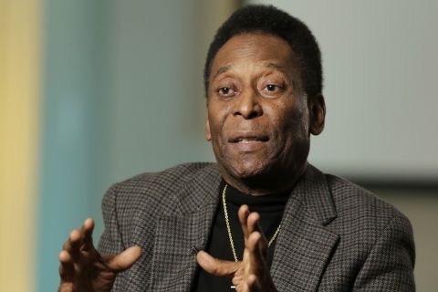 FILE  - In this April 2, 2014 file photo, Pele gestures during an interview at The Associated Press in New York. Brazil's World Cup ambassador says he's concerned about the country's outdated airports less than 10 weeks before the tournament begins. "It's a concern. I arrived from a trip a few days ago and there was chaos at the airport," Pele said Monday, April 7, 2014, at an event to launch a diamond collection honoring his career.  (AP Photo/Mark Lennihan, File)