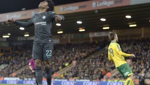 Chelsea's Willian reacts after a missed chance during their English FA Cup, third round soccer match against Norwich City at Carrow Road, Norwich, England, Saturday, Jan. 6, 2018. (Joe Giddens/PA via AP)