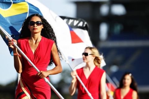 HOCKENHEIM, GERMANY - JULY 30:  The grid girls practice after qualifying for the Formula One Grand Prix of Germany at Hockenheimring on July 30, 2016 in Hockenheim, Germany.  (Photo by Charles Coates/Getty Images)