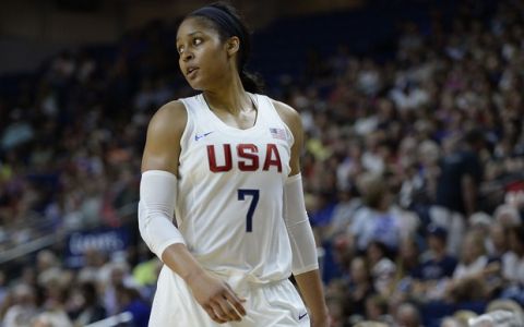 United States Maya Moore during the second half of a women's exhibition basketball game, Friday, July 29, 2016, in Bridgeport, Conn. (AP Photo/Jessica Hill)