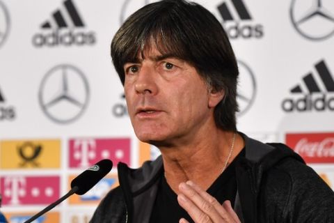 Germany's head coach Joachim Loew talks to the media at a press conference prior the UEFA Nations League soccer match between Germany and The Netherlands, Sunday, Nov. 18, 2018. (AP Photo/Martin Meissner)