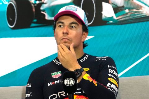 Red Bull driver Sergio Perez, of Mexico, listens during a news conference after the Formula One Miami Grand Prix auto race, Sunday, May 7, 2023, at Miami International Autodrome in Miami Gardens, Fla. (AP Photo/Lynne Sladky)