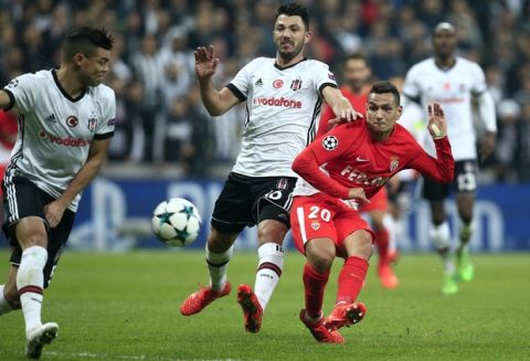 Monaco's Marcos Lopes, right, scores his side's opening goal during the Champions League group G soccer match between Besiktas and Monaco at the Besiktas Park stadium in Istanbul, Wednesday, Nov. 1, 2017. (AP Photo/Lefteris Pitarakis)