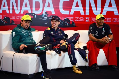 MONTREAL, QUEBEC - JUNE 18: Second placed Fernando Alonso of Spain and Aston Martin F1 Team and Race winner Max Verstappen of the Netherlands and Oracle Red Bull Racing and Third placed Lewis Hamilton of Great Britain and Mercedes talk during a press conference following the F1 Grand Prix of Canada at Circuit Gilles Villeneuve on June 18, 2023 in Montreal, Quebec. (Photo by Clive Mason/Getty Images)