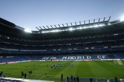 Viktoria Plzen players attend a training session at the Bernabeu stadium in Madrid, Monday, Oct. 22, 2018. Real Madrid will play against Viktoria Plzen in a Champions League group G Champions League soccer match on Tuesday. (AP Photo/Manu Fernandez)