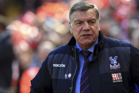 Crystal Palace manager Sam Allardyce ahead of the English Premier League soccer match against Liverpool at Anfield, Liverpool, Sunday April 23, 2017. (Peter Byrne/PA via AP)