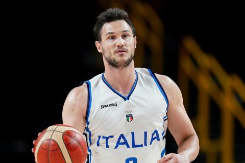 Italy's Danilo Gallinari (8) drives up court during a men's basketball quarterfinal round game against France at the 2020 Summer Olympics, Tuesday, Aug. 3, 2021, in Saitama, Japan. (AP Photo/Charlie Neibergall)