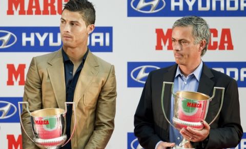Real Madrid's head coach Jose Mourinho from Portugal, right, and Real Madrid player Cristiano Ronaldo from Portugal pose with their trophies during an award ceremony to highlight their achievements in the Spanish League, in Madrid, Monday, Oct. 3, 2011. Ronaldo is named Player of the Year and Mourinho as Coach of the Year by Marca newspaper.(AP Photo/Daniel Ochoa de Olza)