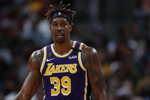 Los Angeles Lakers center Dwight Howard (39) in the second half of an NBA basketball game Wednesday, Feb. 12, 2020, in Denver. The Lakers won 120-116 in overtime. (AP Photo/David Zalubowski)