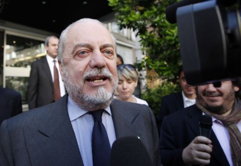 Napoli president Aurelio De Laurentis leaves the 'Lega calcio' headquarter after a meeting , in Milan, Italy, Monday, May 7, 2012. Juventus completed the recovery from its darkest period following the 2006 matchfixing scandal as it claimed its first Serie A title in nine years Sunday. (AP Photo/Luca Bruno)