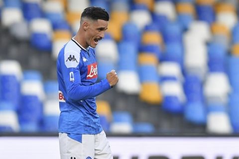 Napoli's Jose Maria Callejon celebrates scoring his side's 2nd goal during the Serie A soccer match between Napoli and SPAL, at the San Paolo Stadium in Naples, Italy, Sunday, June 28, 2020. (Cafaro/LaPresse via AP)