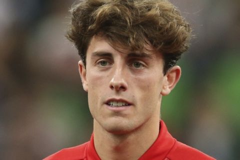 Spain's Alvaro Odriozola listens to the national anthems before an international friendly soccer match between Spain and Tunisia in Krasnodar, Russia, Saturday, June 9, 2018. (AP Photo)