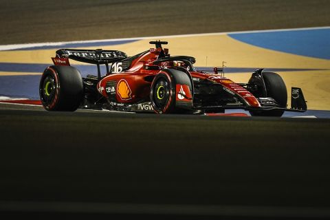 Ferrari driver Charles Leclerc of Monaco steers his car during the second Formula One free practice at the Bahrain International Circuit in Sakhir, Bahrain, Friday, March 3, 2023. The Bahrain GP will be held on Sunday March 5, 2023. (AP Photo/Ariel Schalit)