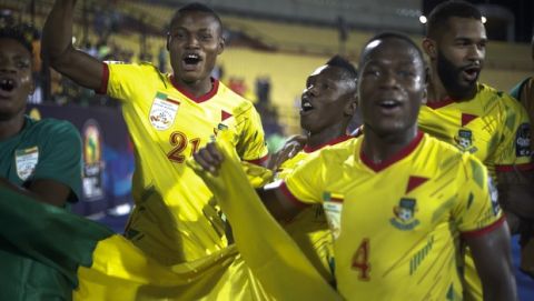 Benin players celebrate after the African Cup of Nations round of 16 soccer match between Morocco and Benin in Al Salam stadium in Cairo, Egypt, Friday, July 5, 2019. (AP Photo/Ariel Schalit)