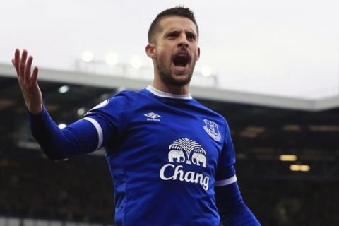 Everton's Kevin Mirallas celebrates scoring against West Bromwich Albion during the English Premier League soccer match at Goodison Park, Liverpool, England, Saturday March 11, 2017. (Peter Byrne/PA via AP)