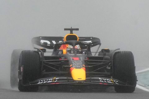 Red Bull driver Max Verstappen of the Netherlands steers his car during the first free practice for Sunday's Emilia Romagna Formula One Grand Prix, at the Dino and Enzo Ferrari racetrack, in Imola, Italy, Friday, April 22, 2022. (AP Photo/Luca Bruno)