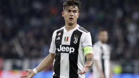 Juventus' Paulo Dybala reacts during the Champions League, quarterfinal, second leg soccer match between Juventus and Ajax, at the Allianz stadium in Turin, Italy, Tuesday, April 16, 2019. (AP Photo/Luca Bruno)