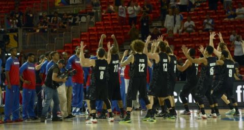 BILBAO, SPAIN - AUGUST 31: New Zealand basketball players perform the Haka dance ahead of the 2014 FIBA World basketball championships group C match between Dominican Republic vs New Zealand at the Bizkaia Arena in Bilbao, Spain on August 31, 2014. (Photo by Evrim Aydn/Anadolu Agency/Getty Images)