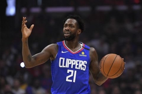 Los Angeles Clippers guard Patrick Beverley gestures during the first half of an NBA basketball game against the Philadelphia 76ers Sunday, March 1, 2020, in Los Angeles. (AP Photo/Mark J. Terrill)