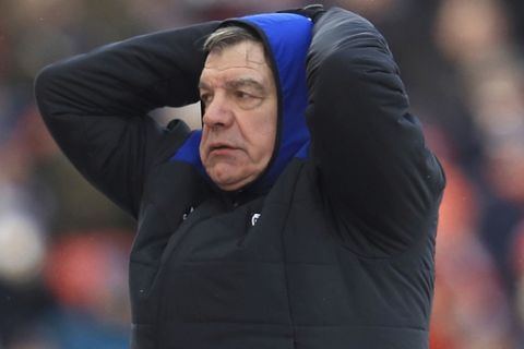 Everton manager Sam Allardyce gestures, during the English Premier League soccer match between Stoke City and Everton, at the bet365 Stadium, in Stoke, England, Saturday March 17, 2018. (Mike Egerton/PA via AP)