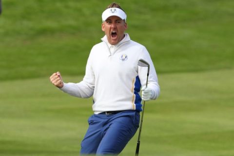 Sep 27, 2014; Auchterarder, Perthshire, SCT; European golfer Ian Poulter reacts to holing out a 40 yard chip on the 15th hole on day two of the 2014 Ryder Cup at Gleneagles Resort - PGA Centenary Course. Mandatory Credit: Brian Spurlock-USA TODAY Sports ORG XMIT: USATSI-175316 ORIG FILE ID:  20140927_ads_ss1_009.JPG