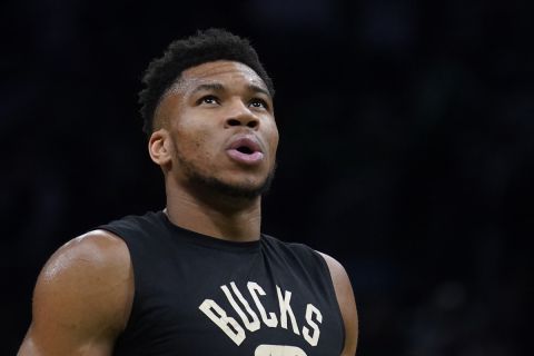Milwaukee Bucks forward Giannis Antetokounmpo before Game 2 in the second round of the NBA Eastern Conference basketball playoff series, Tuesday, May 3, 2022, in Boston. (AP Photo/Charles Krupa)