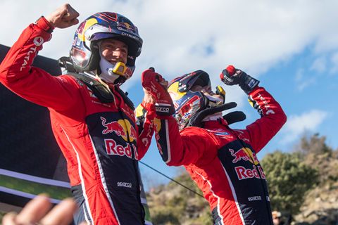 Sebastien Ogier (FRA) Julien Ingrassia (FRA) of team Citroen Total WRT  celebrate after winning the World Rally Championship Monte-Carlo in Gap,France on January 27, 2019 // Ivo Kivistik / Red Bull Content Pool  // AP-1Y8PRV3PH1W11 // Usage for editorial use only // Please go to www.redbullcontentpool.com for further information. // 