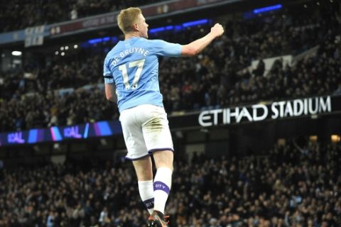 Manchester City's Kevin De Bruyne celebrates after scoring his side's second goal during the English Premier League soccer match between Manchester City and Sheffield United at Etihad stadium in Manchester, England, Sunday, Dec. 29, 2019. (AP Photo/Rui Vieira)