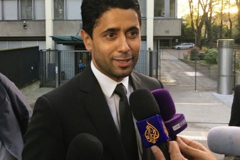 Paris Saint-Germain president Nasser Al-Khelaifi speaks to the media after a meeting today with Swiss prosecutors in Bern, Switzerland, Wednesday Oct. 25, 2017. Nasser Al-Khelaifi, a Qatari soccer and television executive, was subjected to a full day of questioning Wednesday by Swiss investigators who say he bribed a FIFA official in a World Cup broadcasting rights deal. (AP Photo/Graham Dunbar)