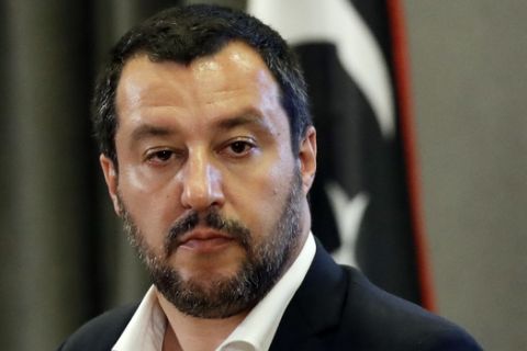 Italian Interior Minister Matteo Salvini attends a joint press conference with Vice President of Libyc Parliamentary Council Ahmed Maitig, in Rome, Thursday, July 5, 2018. Salvini says he has asked authorities to speed up processing asylum requests and be more rigorous before granting internationally recognized forms of protection that fall short of asylum.  (AP Photo/Andrew Medichini)