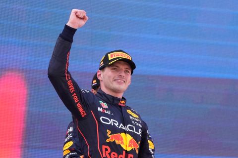 Red Bull driver Max Verstappen, of the Netherlands, celebrates on the podium after winning the Spanish Formula One Grand Prix at the Barcelona Catalunya racetrack in Montmelo, Spain, Sunday, May 22, 2022. (AP Photo/Manu Fernandez)