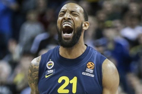 Derrick Williams from Fenerbahce Istanbul celebrates during the Euroleague basketball match against ALBA in the Mercedes Benz Arena, Berlin, Germany, Thursday Jan. 30, 2020. (Andreas Gora/dpa via AP)