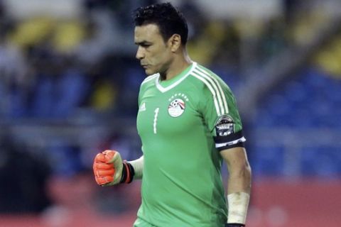 Egypt goalkeeper Essam El Hadary reacts during a penalty shoot out at the end of the African Cup of Nations semifinal soccer match between Burkina Faso and Egypt at the Stade de l'Amitie, in Libreville, Gabon, Wednesday, Feb. 1, 2017. Egypt defeated Burkins Faso 4-3 in a penalty shoot out after the game ended tied 1-1. (AP Photo/Sunday Alamba)