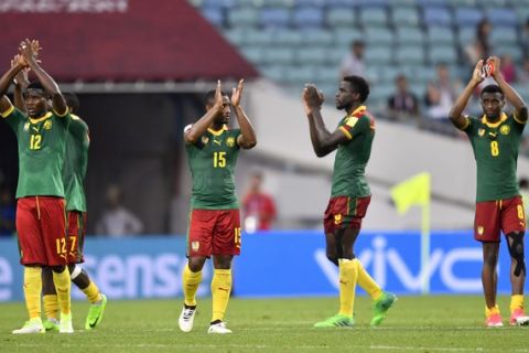 Cameroon players applaud supporters at the end of the Confederations Cup, Group B soccer match between Germany and Cameroon, at the Fisht Stadium in Sochi, Russia, Sunday, June 25, 2017. Germany won 3-1. (AP Photo/Martin Meissner)