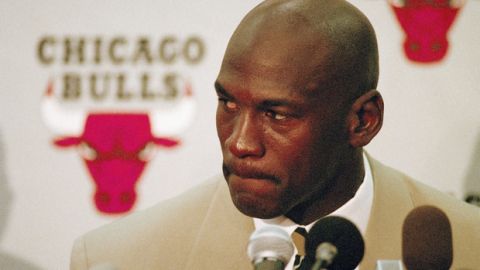Chicago Bulls star Michael Jordan announces his retirement from professional basketball at the Berto Center in Deerfield, Ill., Wednesday, Oct. 6, 1993. (AP Photo/Mark Elias)
