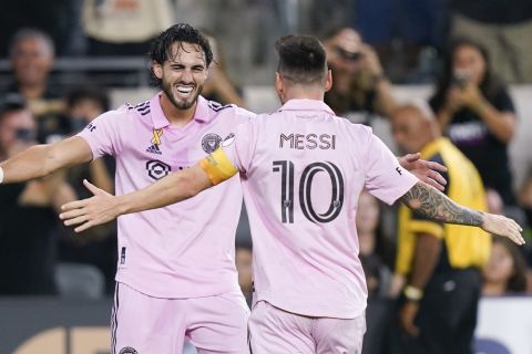 Inter Miami forward Leonardo Campana celebrates his goal with forward Lionel Messi (10), who assisted, during the second half of an MLS soccer match, Sunday, Sept. 3, 2023, in Los Angeles. (AP Photo/Ryan Sun)
