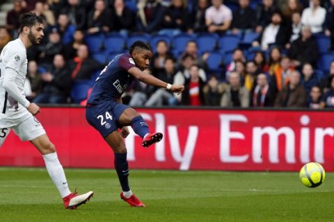 PSG's Christopher Nkunku scores his side's second goal during the French League One soccer match between Paris Saint-Germain and Metz at the Parc des Princes Stadium, in Paris, France, Saturday, March 10, 2018. (AP Photo/Thibault Camus)