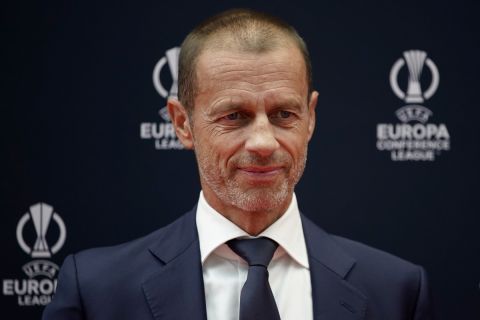 UEFA President Aleksander Ceferin arrives for the 2023/24 UEFA Europa League group stage draw at the Grimaldi Forum in Monaco, Friday, Sept. 1, 2023. (AP Photo/Daniel Cole)
