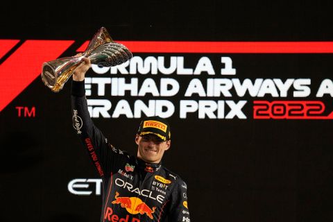 Red Bull driver Max Verstappen of the Netherlands celebrates after he won the Formula One Abu Dhabi Grand Prix, in Abu Dhabi, United Arab Emirates Sunday, Nov.20, 2022. (AP Photo/Kamran Jebreili)