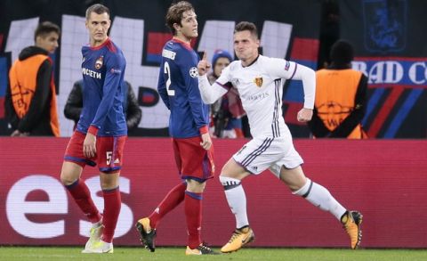 Basel's Taulant Xhaka celebrates after scoring his side's first goal during the Champions League Group A soccer match between CSKA Moscow and Basel in Moscow, Russia, Wednesday, Oct. 18, 2017. (AP Photo/Ivan Sekretarev)