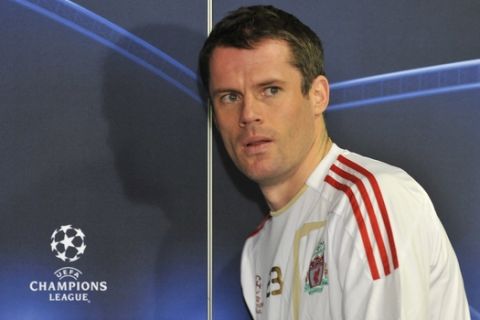 Liverpool FC player Jamie Carragher is seen during a press conference a day before his team's Champions League group E soccer match against Debreceni VSC in Budapest, Hungary, Monday, Nov. 23, 2009. (AP Photo/Bela Szandelszky)