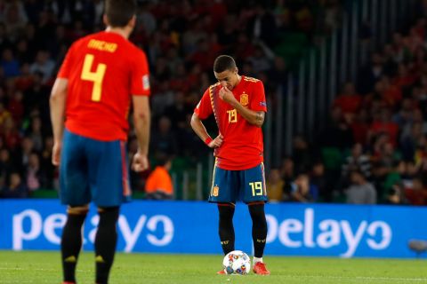 Spain's Rodrigo reacts after the third goal of England during the UEFA Nations League soccer match between Spain and England at Benito Villamarin stadium, in Seville, Spain, Monday, Oct. 15, 2018. (AP Photo/Miguel Morenatti)