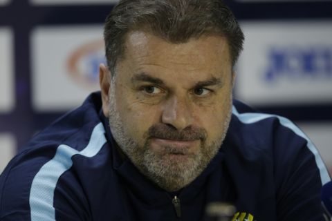 Australia coach Ange Postecoglou gives a press conference at the Olympic Stadium in San Pedro Sula, Honduras, Thursday, Nov. 9, 2017. Australia and Honduras will face for the first leg of the World Cup playoff on Friday. (AP Photo/Moises Castillo)