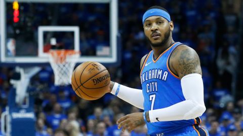 Oklahoma City Thunder forward Carmelo Anthony (7) during Game 5 of an NBA basketball first-round playoff series between the Utah Jazz and the Oklahoma City Thunder in Oklahoma City, Wednesday, April 25, 2018. (AP Photo/Sue Ogrocki)