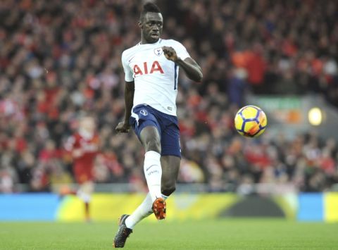 Tottenham's Davinson Sanchez during the English Premier League soccer match between Liverpool and Tottenham Hotspur at Anfield in Liverpool, England, Sunday, Feb. 4, 2018. (AP Photo/Rui Vieira)