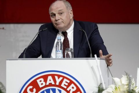 President Uli Hoeness delivers his speech during the annual general meeting of FC Bayern Munich soccer club in Munich, Germany, Friday, Nov. 30, 2018. (AP Photo/Matthias Schrader)
