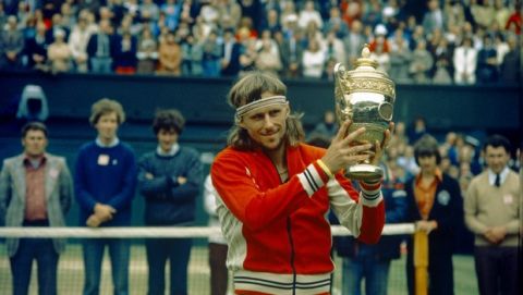 Swedish tennis star Bjorn Borg is seen at Wimbledon holding his trophy, 1978.  (AP Photo)